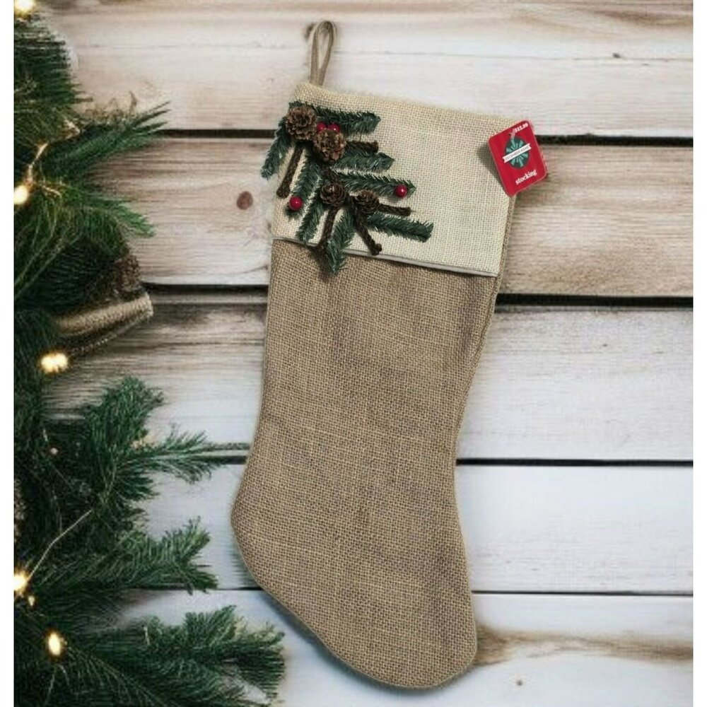 New Rustic Burlap Christmas Stocking Pine Tree Pinecone Berry Holiday Decor 18.5